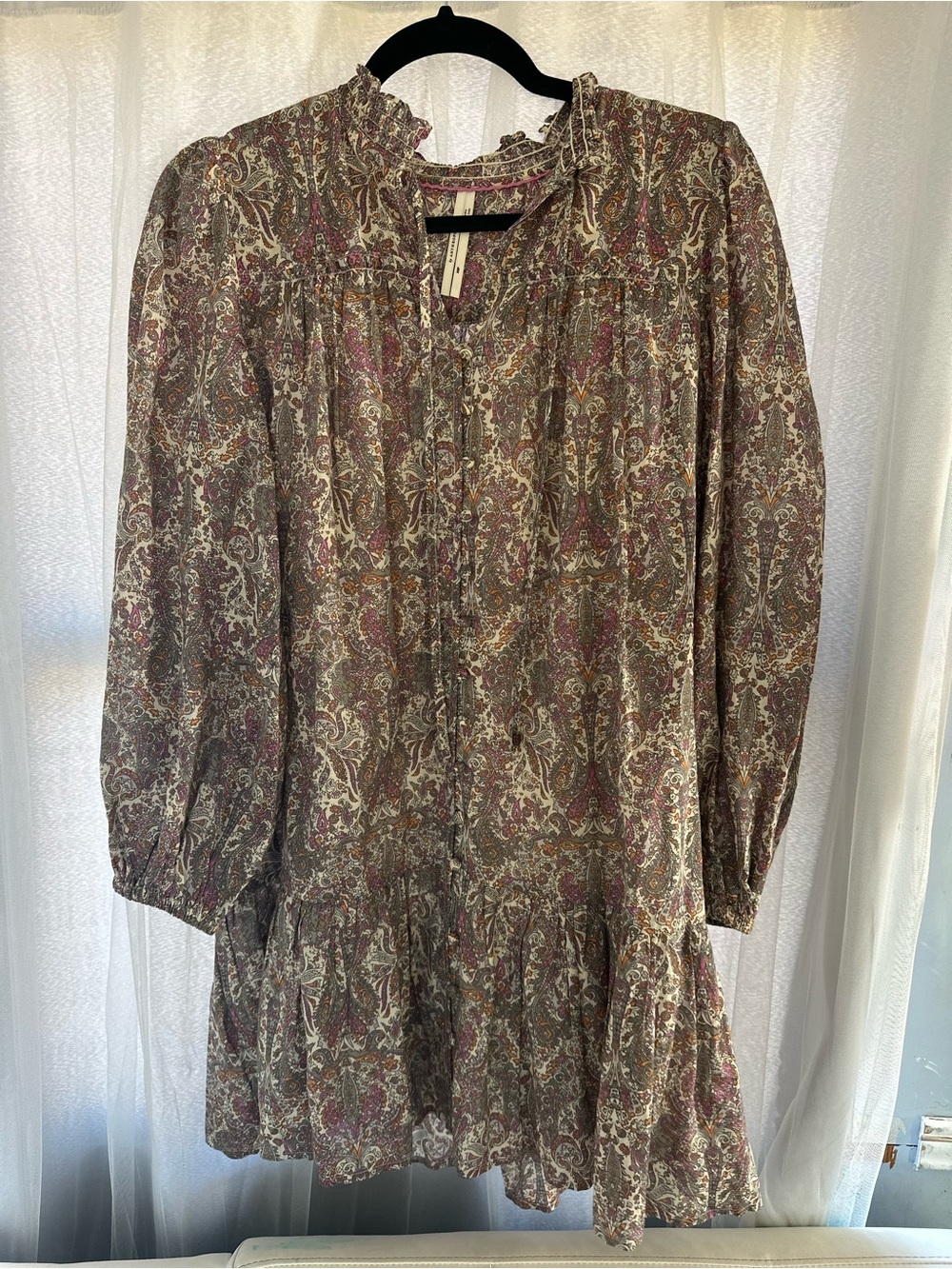Anthropologie Women’s Floral Paisley Long Sleeve Ruffle Hem Dress - Brown/Olive